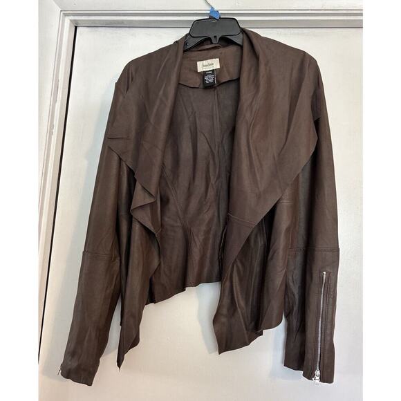 Neumann Marcus Brown Leather Open From Cascade Ruffle Zippered Sleeves - Picture 1 of 13